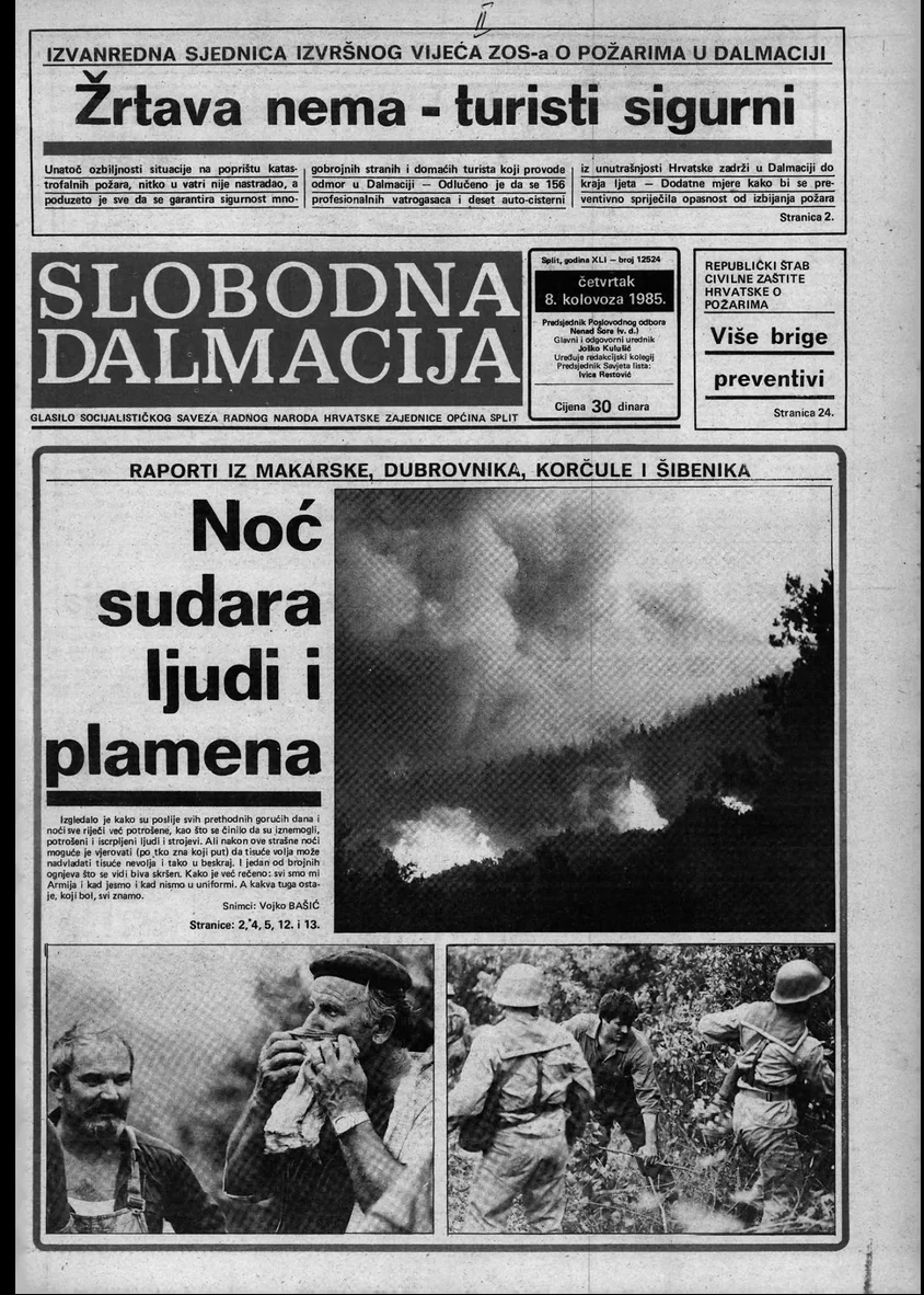 Naslovnica Slobodne Dalmacije s izvještajima „Žrtava nema – turisti sigurni” i „Noć sudara ljudi i plamena”.