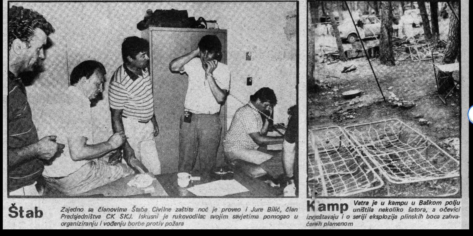 Mladi Joško Roščić, kasniji načelnik Baške Vode, telefonira tijekom koordinacije službi; desno su posljedice požara u kampu.